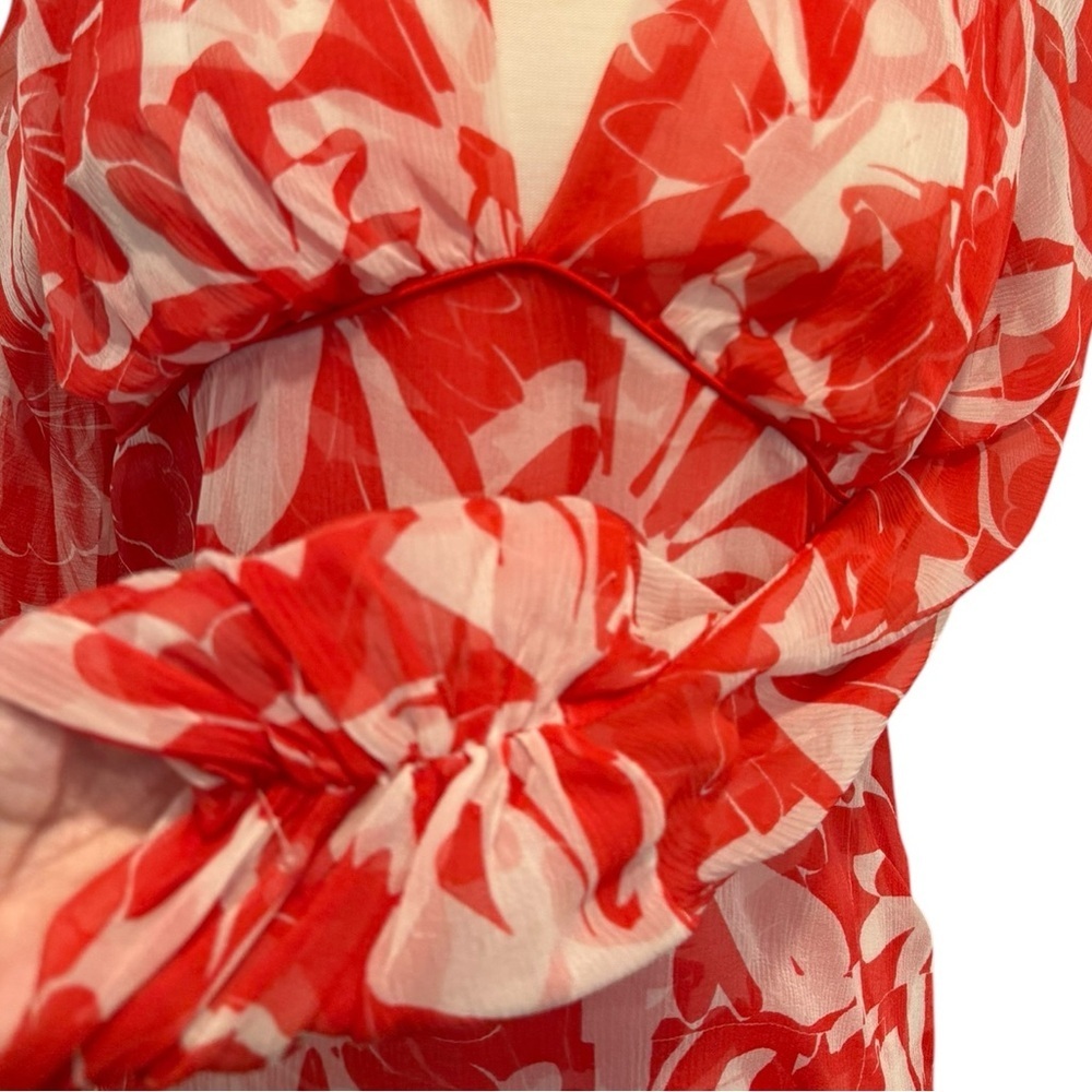 Yigal Azrouel Silk Chiffon Floral Empire Waist Blouse Red White Size 10 - Picture 4 of 10